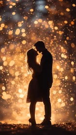 Silhouetted couple in intimate embrace with bokeh background