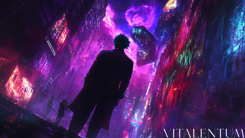 Lone figure confronts a neon-soaked cyberpunk city storm