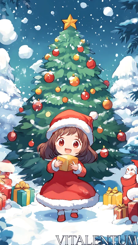 Child in red outfit holds gift before decorated tree