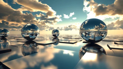 Reflective chrome spheres on surreal mirrored landscape.