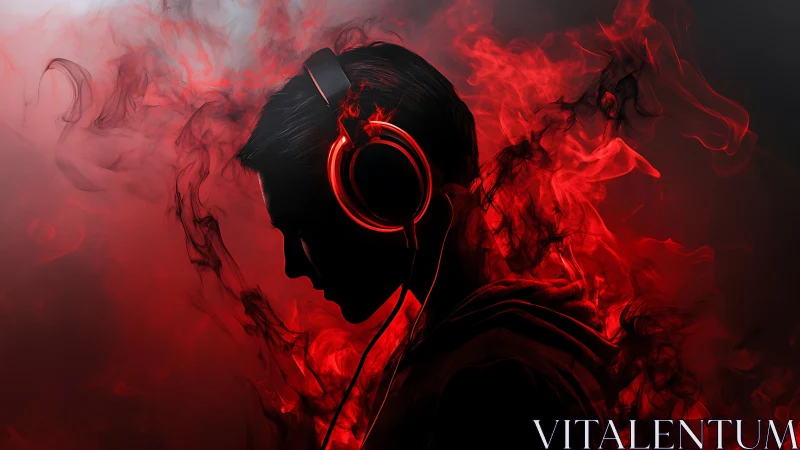 Silhouetted listener immersed in red vapor with rim-lit headphones