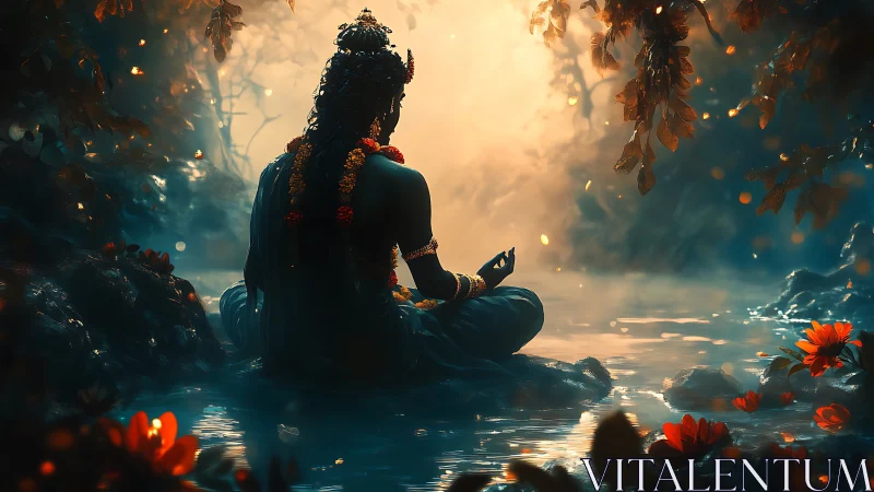 Divine blue figure meditating by luminous forest waterway