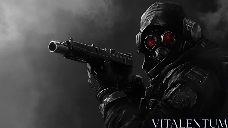 Hooded soldier in gas mask aims shotgun in smoky darkness
