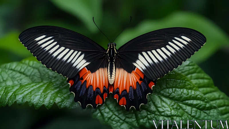 Swallowtail butterfly displays vivid tricolor wings spread wide