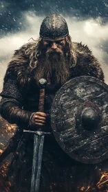 Viking warrior in storm, fur armor, round shield and sword.