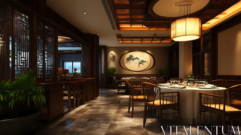 Modern Chinese restaurant dining room with warm lighting.
