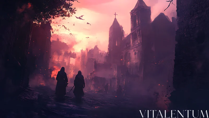 Twilight pilgrims in a burning gothic cityscape at dusk.
