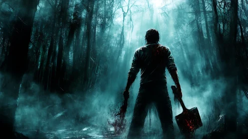 Silhouetted man with bloody shovel stands in foggy forest