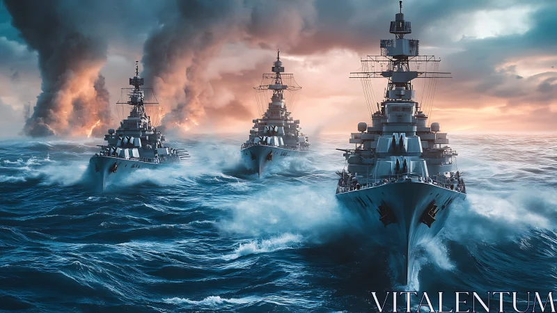 World War II battleship squadron charging through storm surf