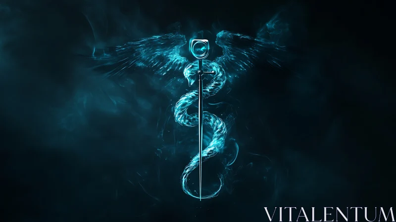 Luminous serpent caduceus with spectral wings in teal mist.