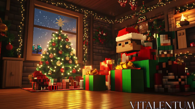 Voxel Christmas living room glows with tree and gifts