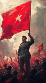 Heroic military standard-bearer in dynamic digital painting.