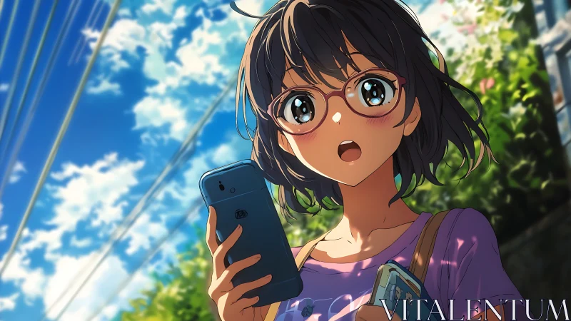 Sunlit anime girl with smartphone and expressive wide eyes.