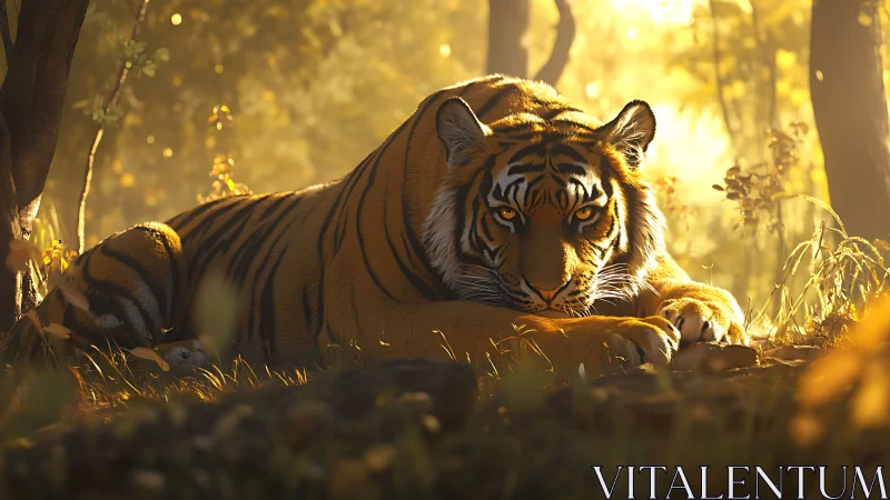 Tiger resting on forest floor in warm filtered sunlight.
