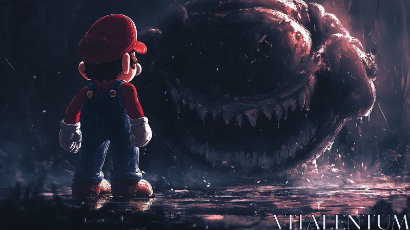 Plumber character confronting massive shadow creature form.