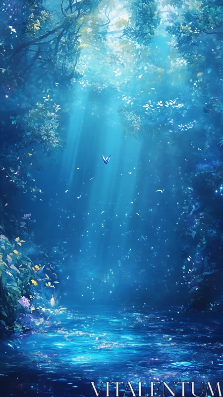 Moonlit river glows beneath enchanted sapphire canopy.