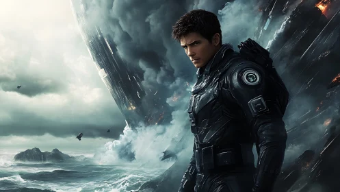 Futuristic soldier observing a collapsing spacecraft storm.