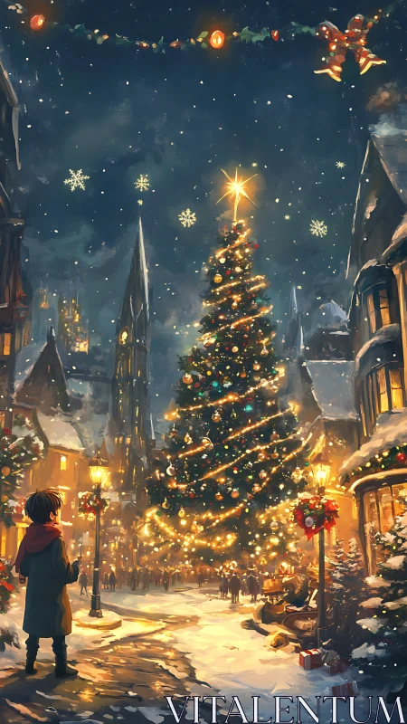 Snowy town square with illuminated Christmas tree at night.