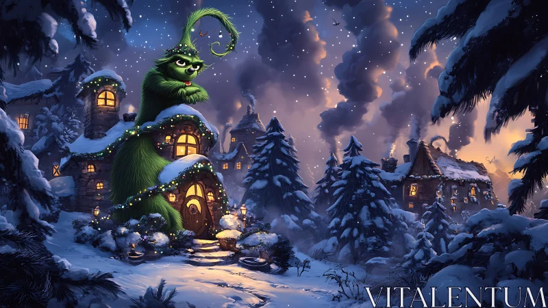 Grinch-like creature wrapped around snowy Christmas cottage.