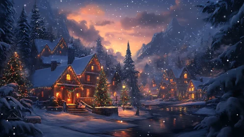 Snow laden alpine village with luminous festive cottages.