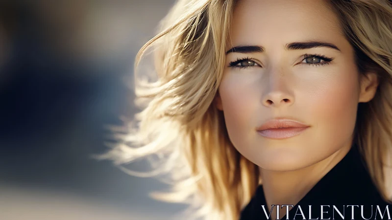 Sunlit gaze of a modern muse in windswept close-up portrait.