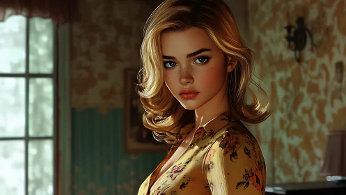 Digital portrait of blonde woman in patterned interior setting.