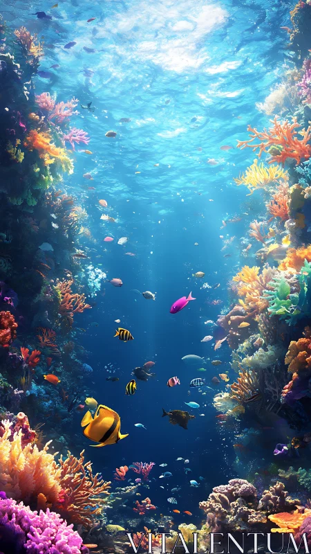 Vibrant coral reef canyon with colorful tropical fish life.