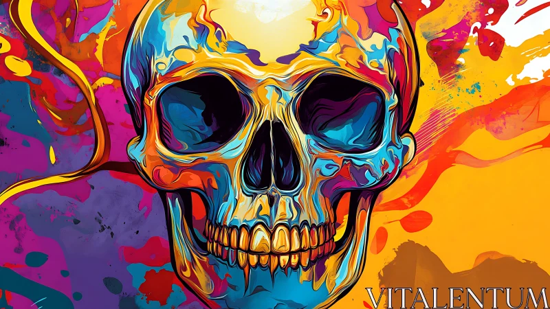 Vivid multicolor skull dominates explosive abstract canvas