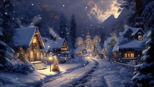 Snowy village glows with warm Christmas lights at night.