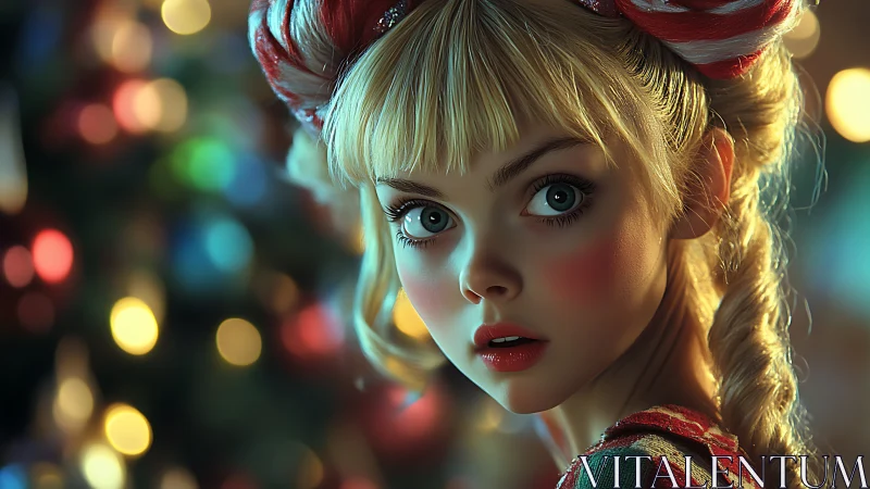 Holiday-lit digital doll portrait with bokeh field rendering.