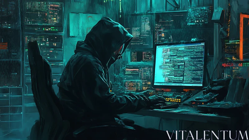 Hooded hacker at cluttered workstation in neon server room.