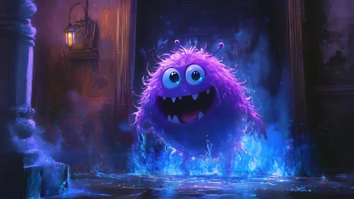 Fluffy purple monster bursts from glowing blue portal doorway.