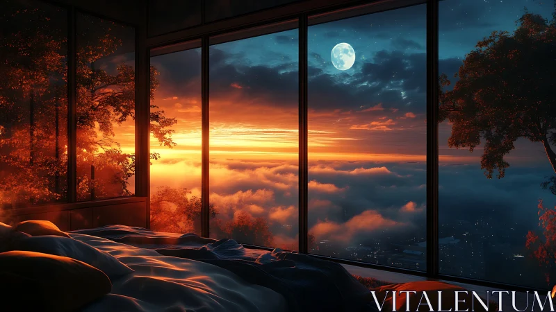 Dreamlike bedroom above clouds at fiery moonrise horizon.