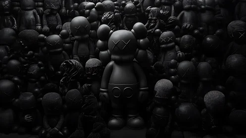 Monochrome vinyl figures arrayed in dense, low‑key illumination.