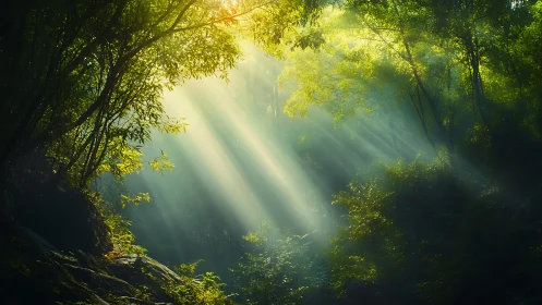 Forest canopy with directional light rays penetrating dense foliage