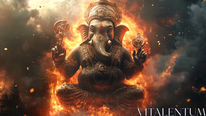 Flame crowned Ganesha radiates power in molten twilight.