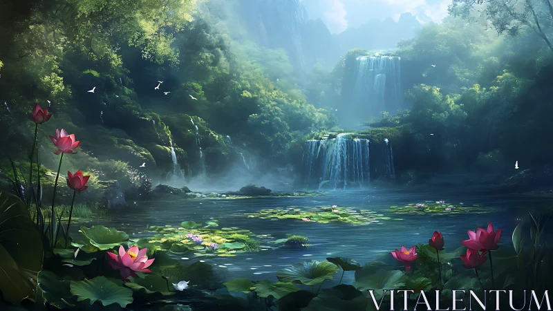 Lush multi tier waterfall lagoon with lotus blossoms and birds