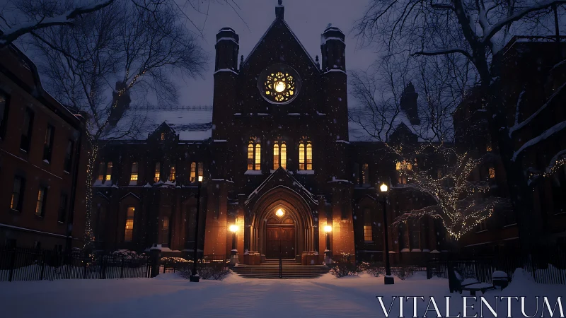Gothic brick church facade lit warmly on snowy winter night