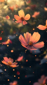 Rain-Drenched Cosmos Flowers with Luminous Particle Overlay.