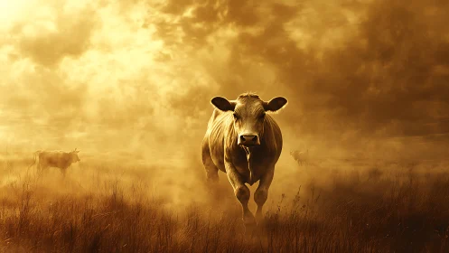 Golden field cow walking through soft evening haze.