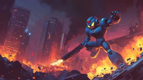 Armored dusk runner storming a neon-scorched ruinscape.