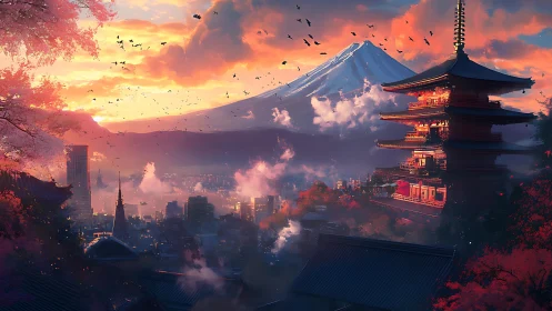 Sunset-illuminated pagoda overlooks dense city below Mt. Fuji
