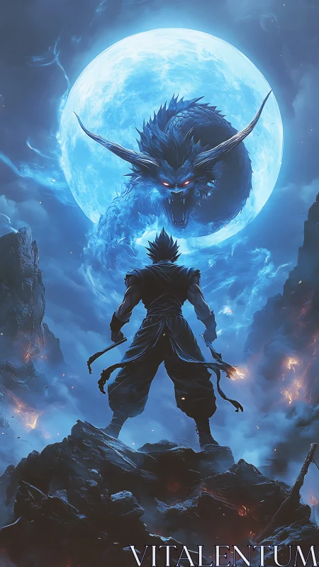 Warrior meets moonlit dragon in a storm of blue fire.