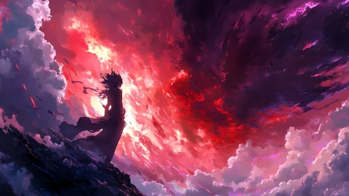 Stormlit wanderer pauses beneath a blazing crimson sky