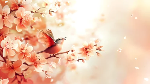 Joyful songbird resting among soft peach blossoms in spring.