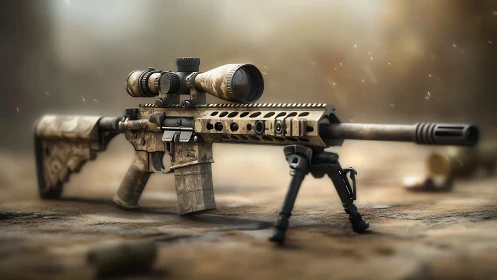 Tactical rifle with scope and bipod mounted on sand surface