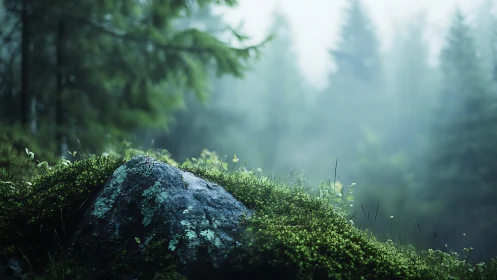 Moss-covered stone in misty forest clearing with depth gradient