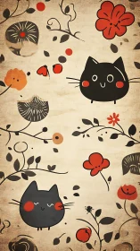 Whimsical Cat and Floral Garden on Vintage Parchment.