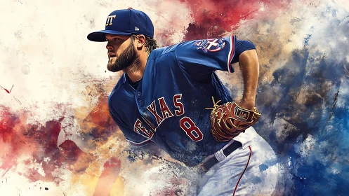 Dynamic baseball pitcher portrait with textured splatter background rendering