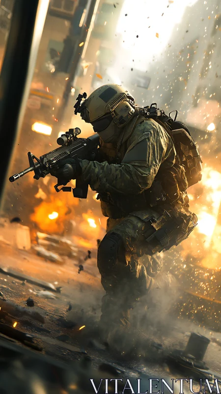 Urban firestorm trooper sprinting through shrapnel glare.